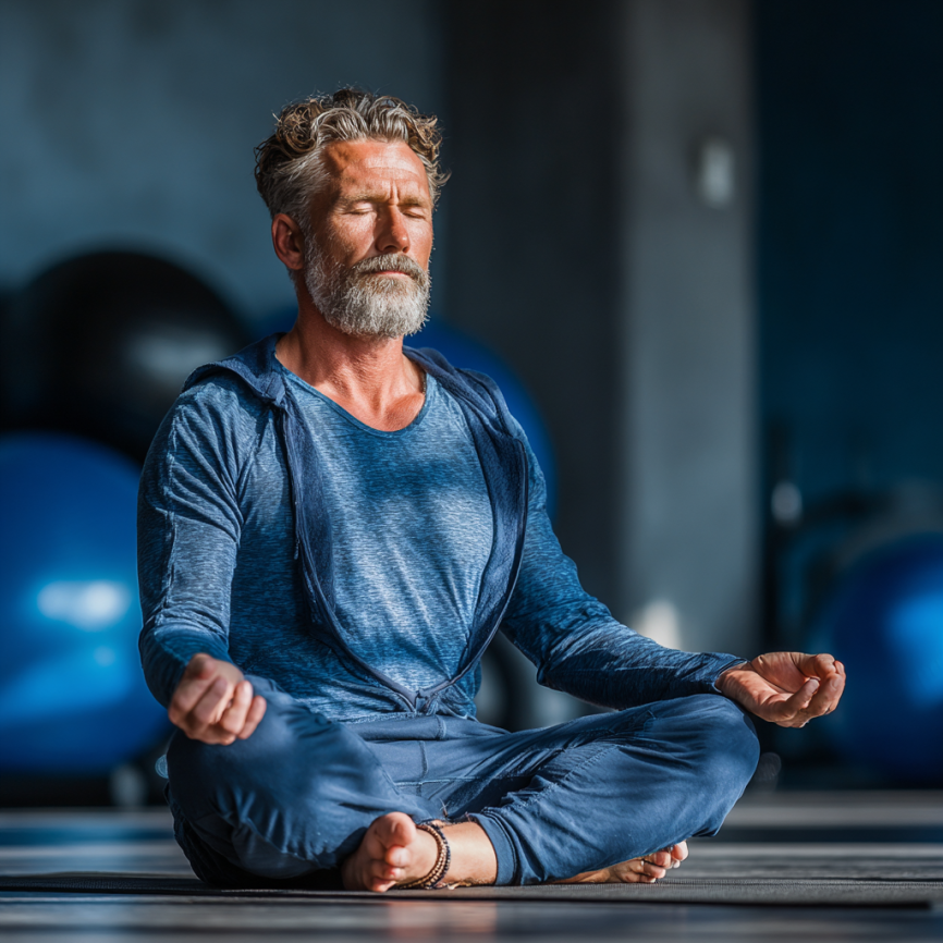 Група літніх людей займається йогою