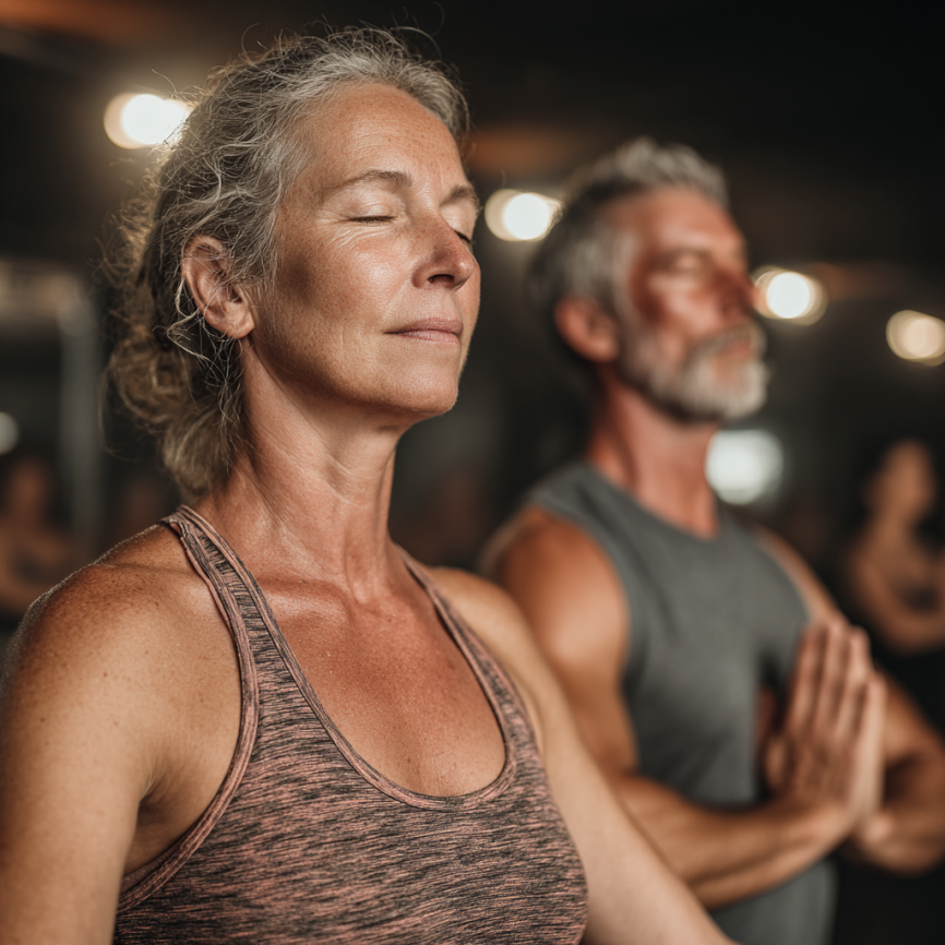 Група людей зрілого віку займається медитацією